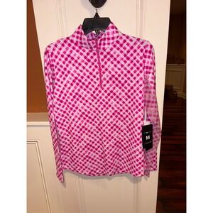IBKUL Women's Pink White Plaid Long Sleeve Quarter Zip Golf Top Size Medium new